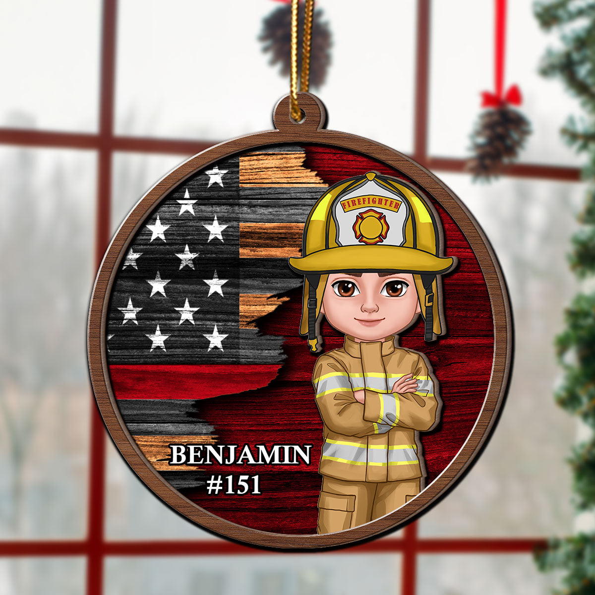 Half Flag Police Firefighter Nurse Personalized 2-Layer Wooden Ornament