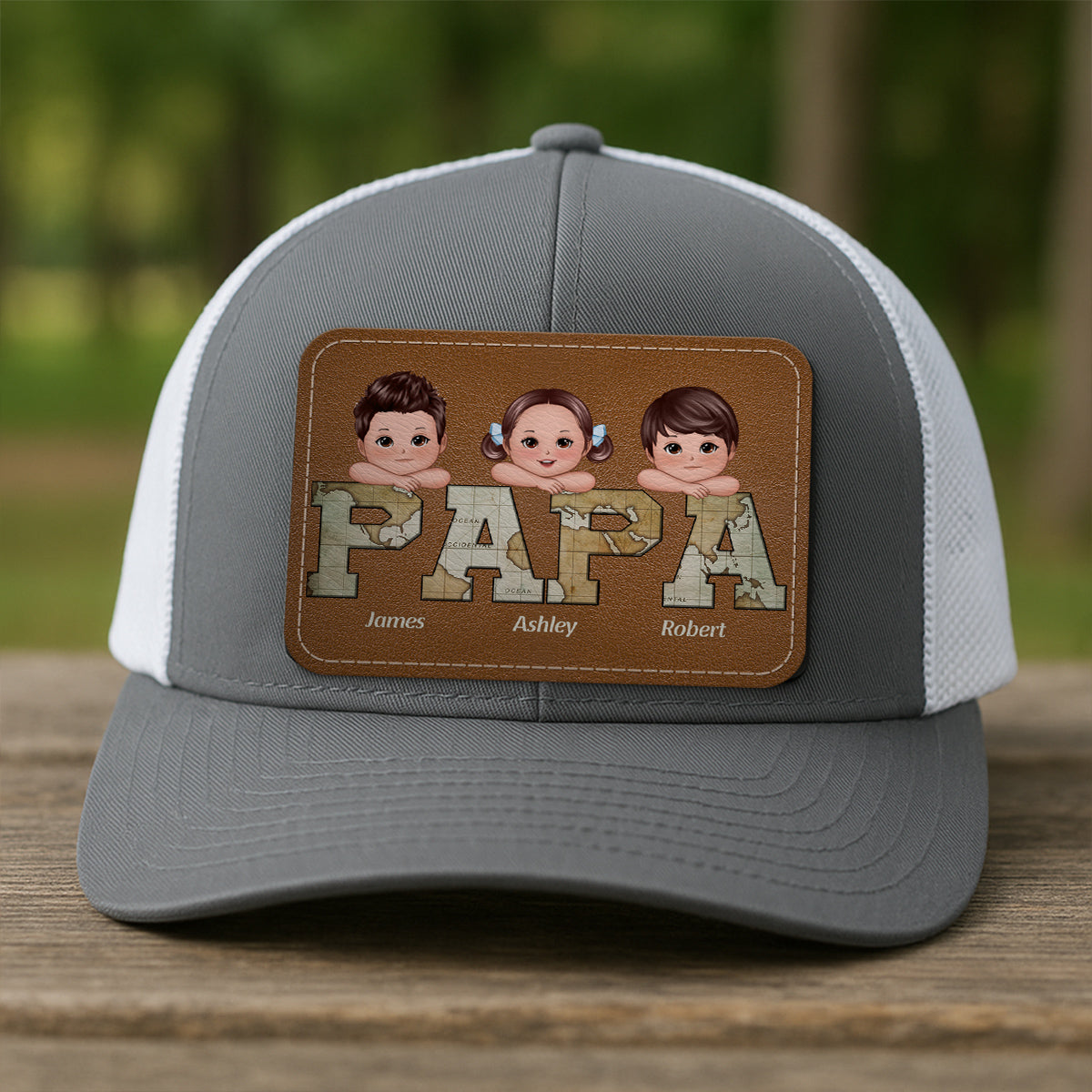 Grandpa Dad We Love You World Map Pattern Doll Kids On Hand Personalized Leather Patch Hat