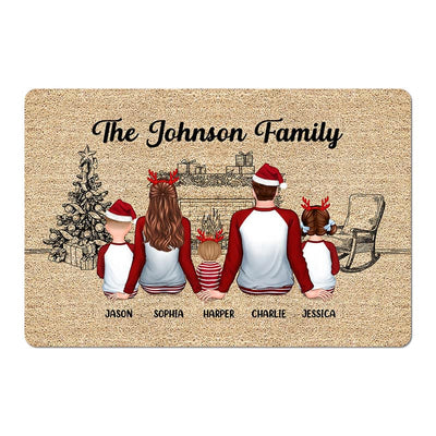 Pajamas Family Sitting At Fireplace Sketch Personalized Doormat