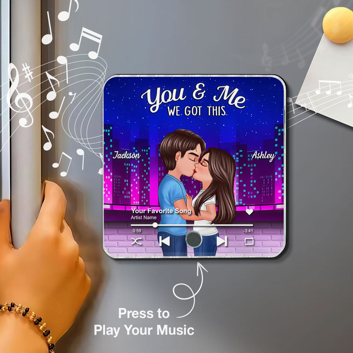 Couple Kissing Neon City Night Skyline Personalized Music Magnet, Anniversary gift for him, for her