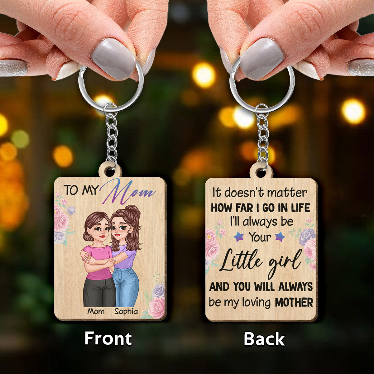 To My Mom Gift For Mom From Daughter Hugging Cartoon Mother Daughter Personalized Wooden Keychain