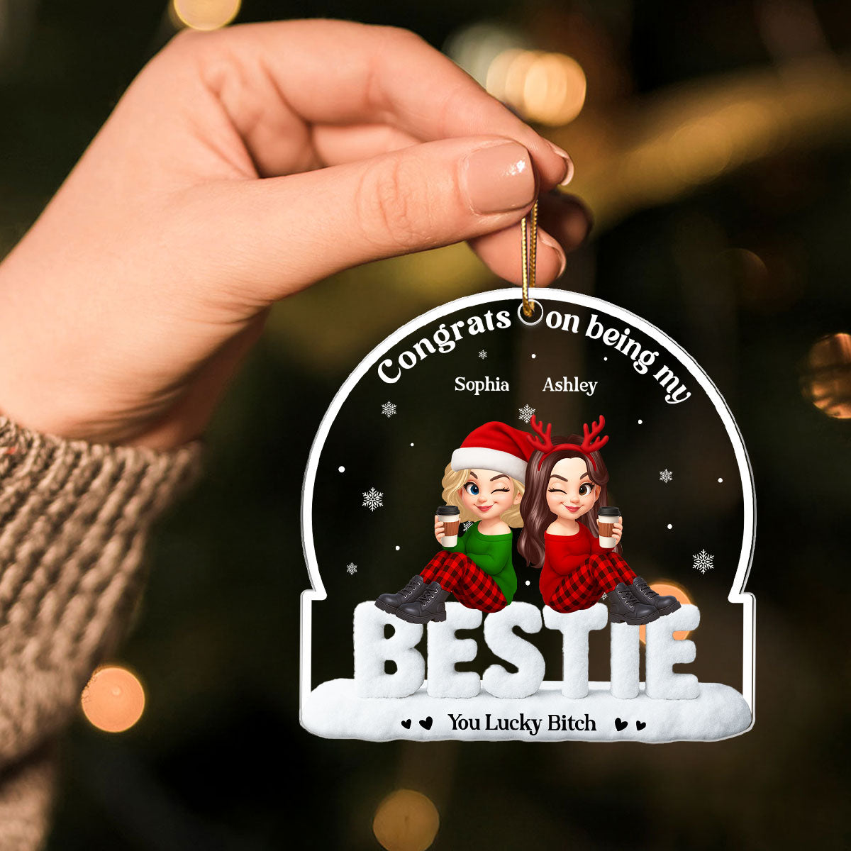 Congrats On Being My Besties Sisters Sitting On Text Personalized Acrylic Ornament