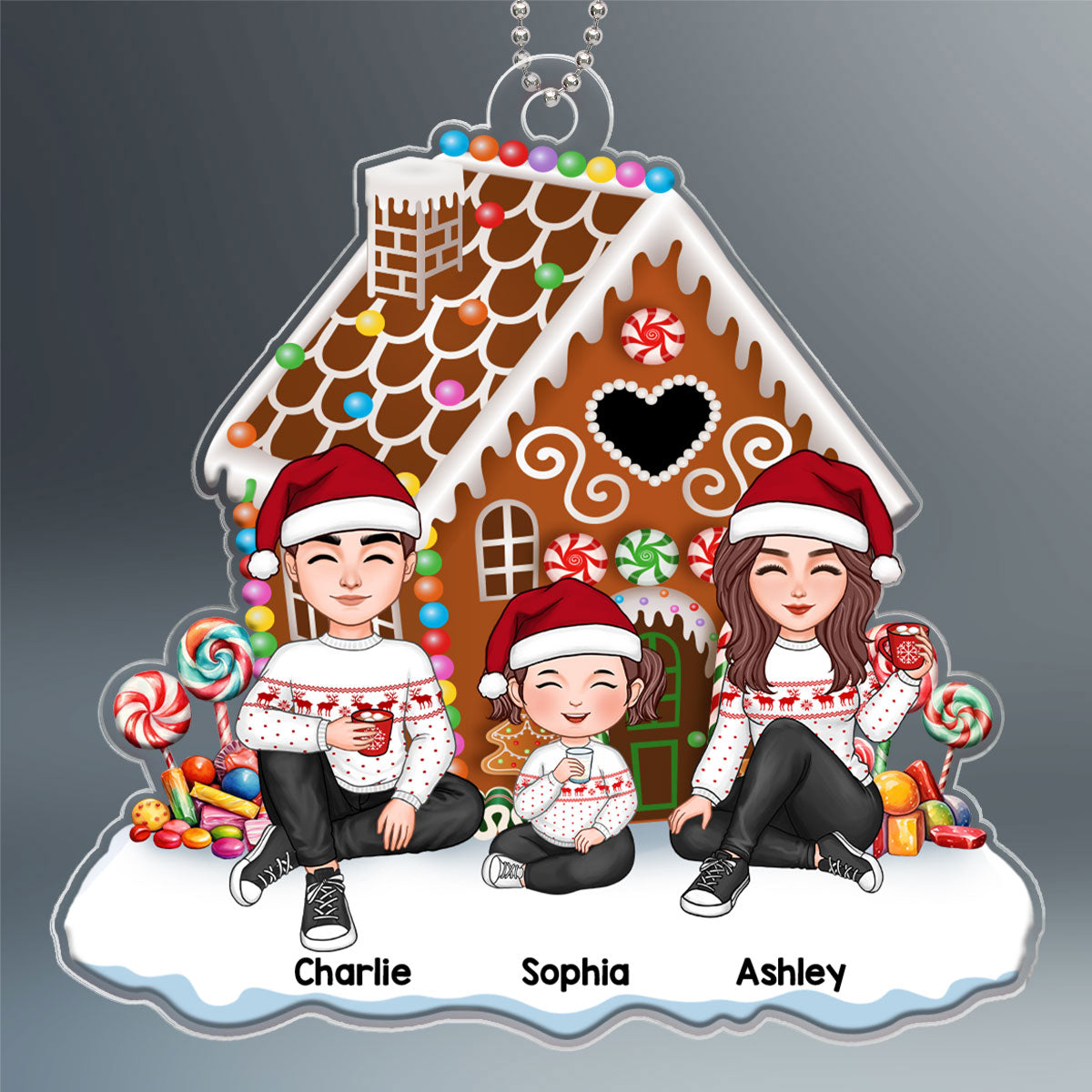 Cute Family Dad Mom Kids Dogs Cats Sitting Christmas Gingerbread House Personalized Acrylic Ornament