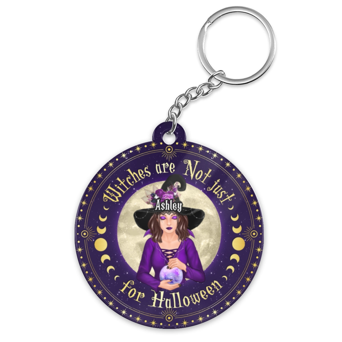 Witches Are Not Just For Halloween Pretty Witch With Crystal Ball Personalized Circle Acrylic Keychain