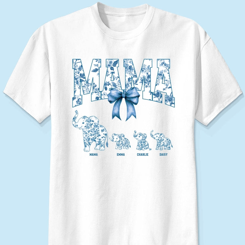 Elephant Grandma Mom Blue Floral Pattern Chinoiserie Personalized Shirt, Mother's Day gift