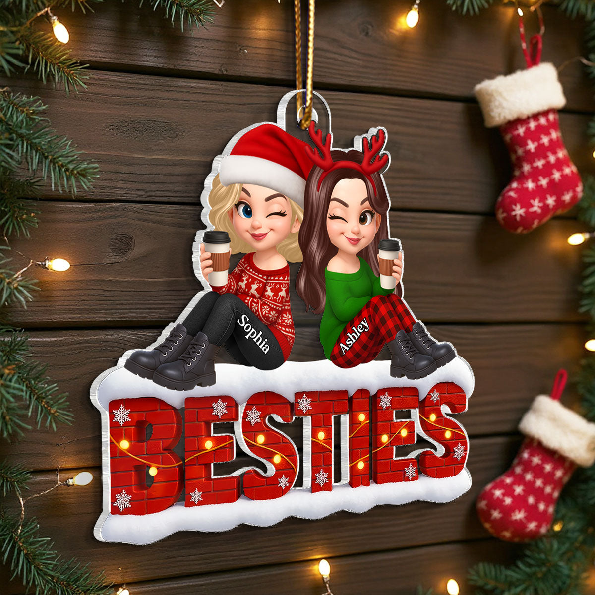 Snowy Brick Wall Besties Sisters Personalized Acrylic Ornament