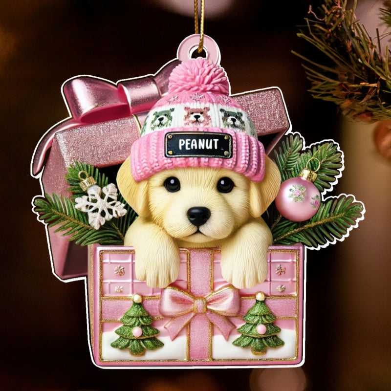 Cute Labrador Dog Inside Gift Box Personalized 2D Flat Acrylic Ornament, Christmas Gift for Dog Lovers