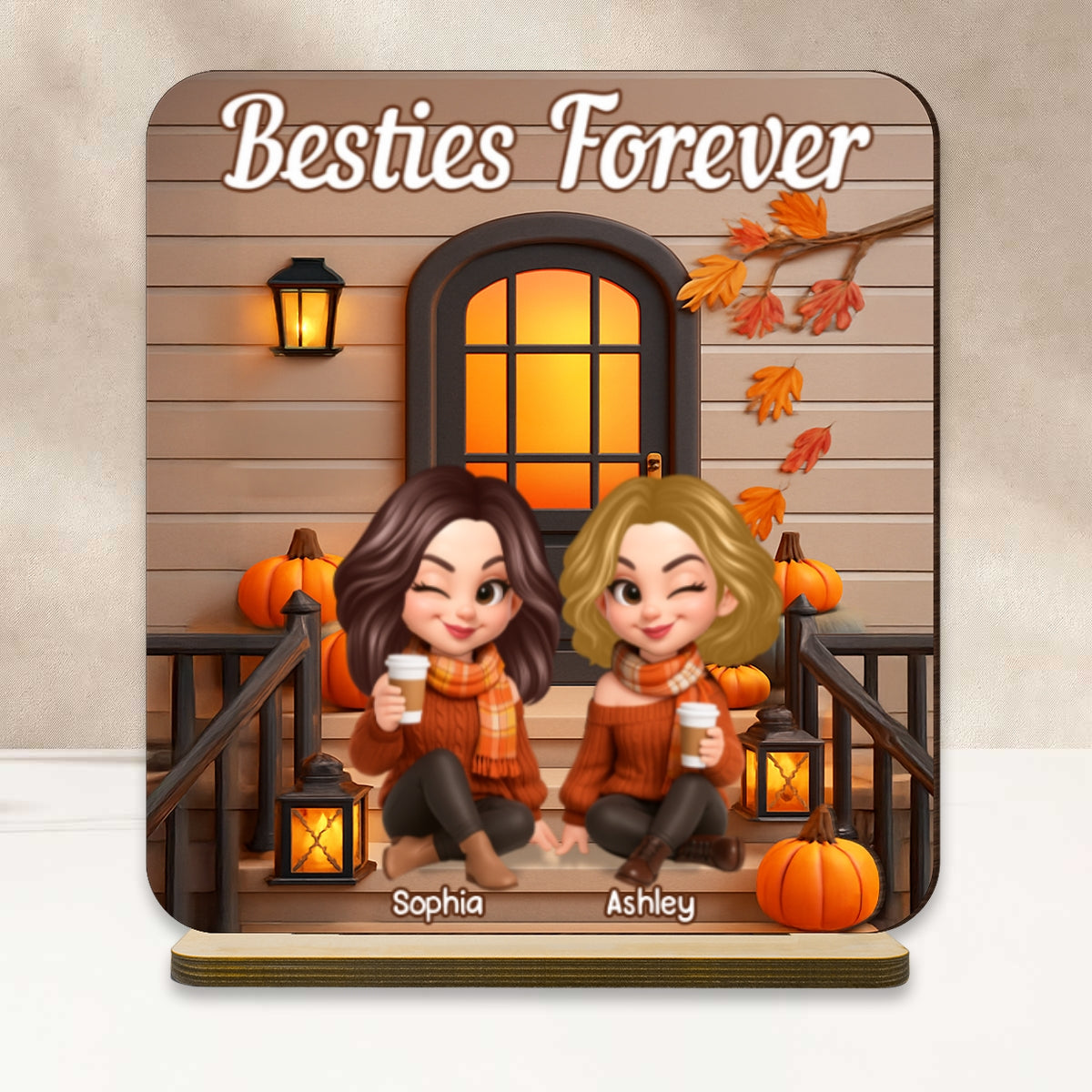 Fall Season Besties Forever Personalized Standing Wooden Plaque, Fall Gift for Best Friends