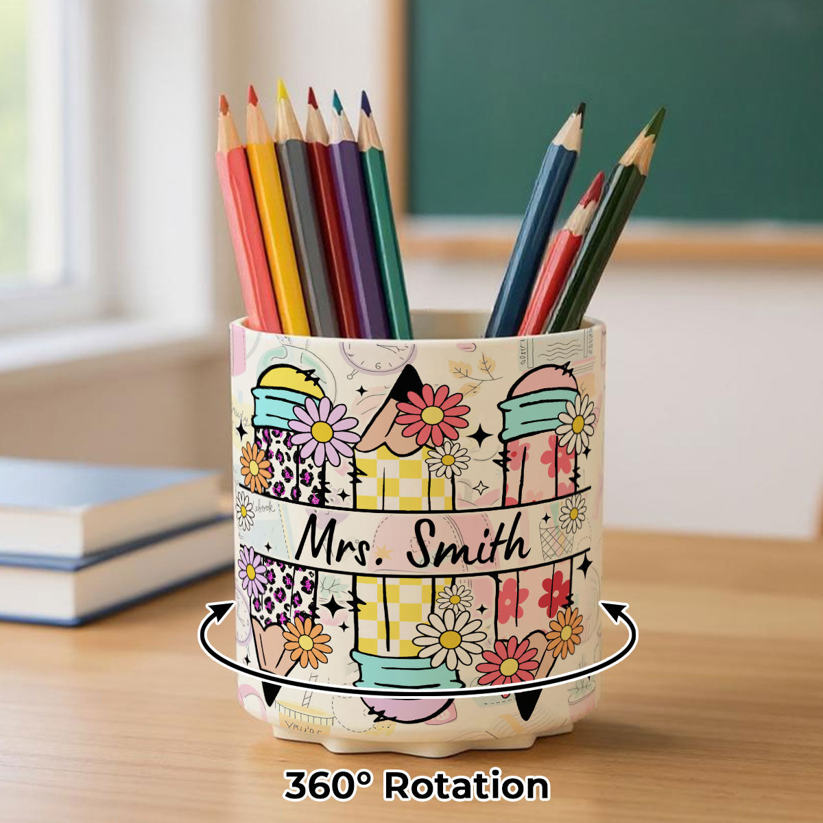 Teacher Life Doodle Pattern Personalized Rotating Pen Holder, Teacher Appreciation Gift, Back To School Gift