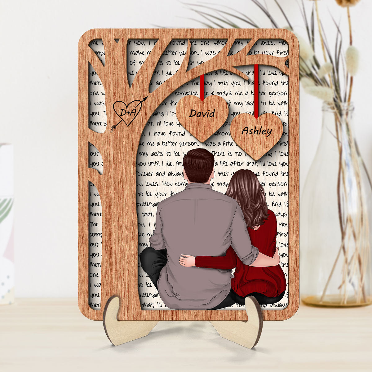 Back View Couple Sitting Under Tree Letters Background Personalized 2-Layer Wooden Plaque
