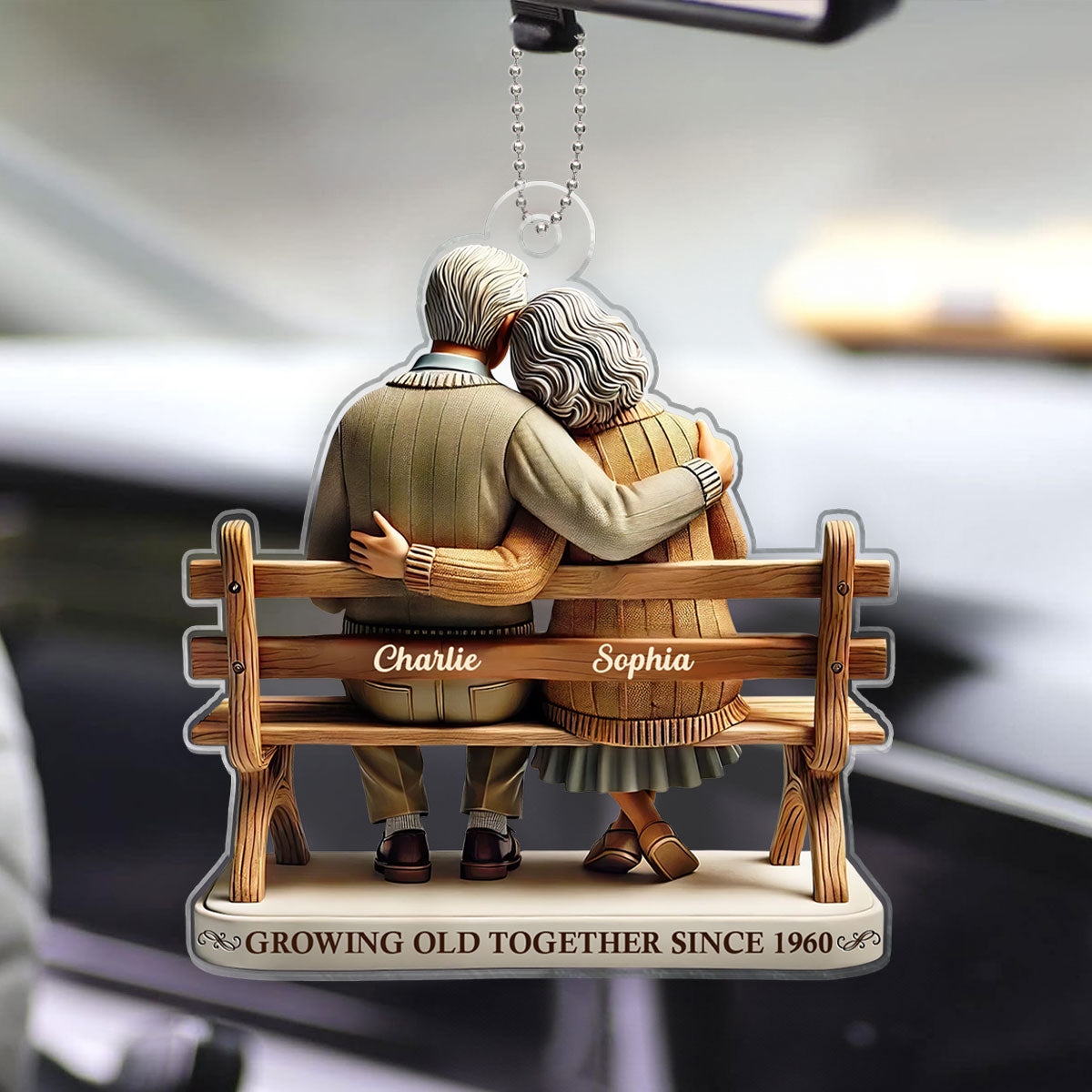 3D Effect Old Couple Sitting On Bench Growing Old Together Since Personalized Car Hanger Ornament, Heartfelt Gift For Couple, For Him, For Her, Husband, Wife