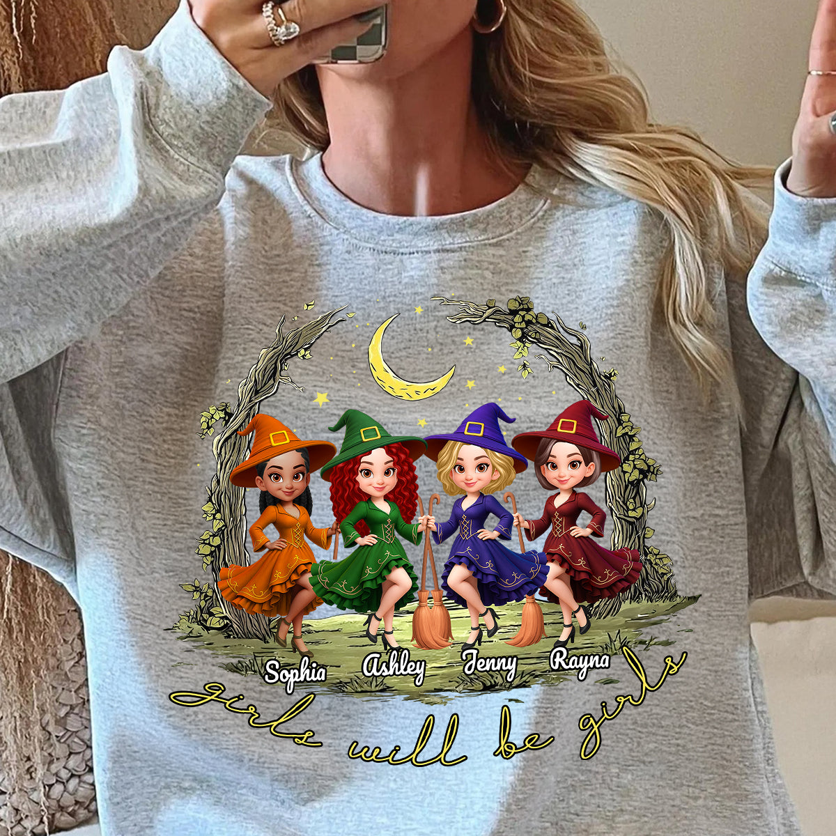 Halloween Witch Besties Sisters Friends Under Moon Personalized Sweatshirt, Halloween Matching Shirt
