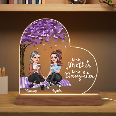 Like Mother Like Daughter Pretty Cartoon Mom Daughter Under Tree Personalized Heart Shaped Acrylic Plaque With LED Night Light