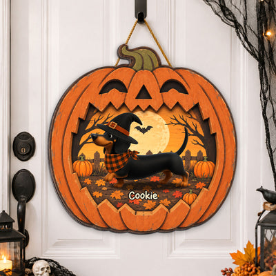 Halloween Dachshund Happy Halloweenie - Personalized Wood Sign - Halloween Decorations For Dachshund Lovers