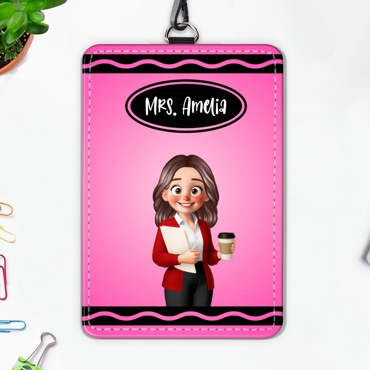 Crayon Themed Cartoon Teacher Personalized ID Badge Holder, Back To School Gift