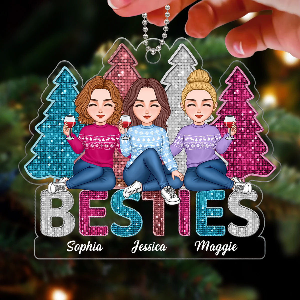 Sequins Texture Besties Sisters Christmas Trees Personalized Acrylic Ornament