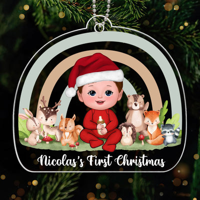 Rainbow Woodland Animals Baby's First Christmas Personalized Acrylic Ornament