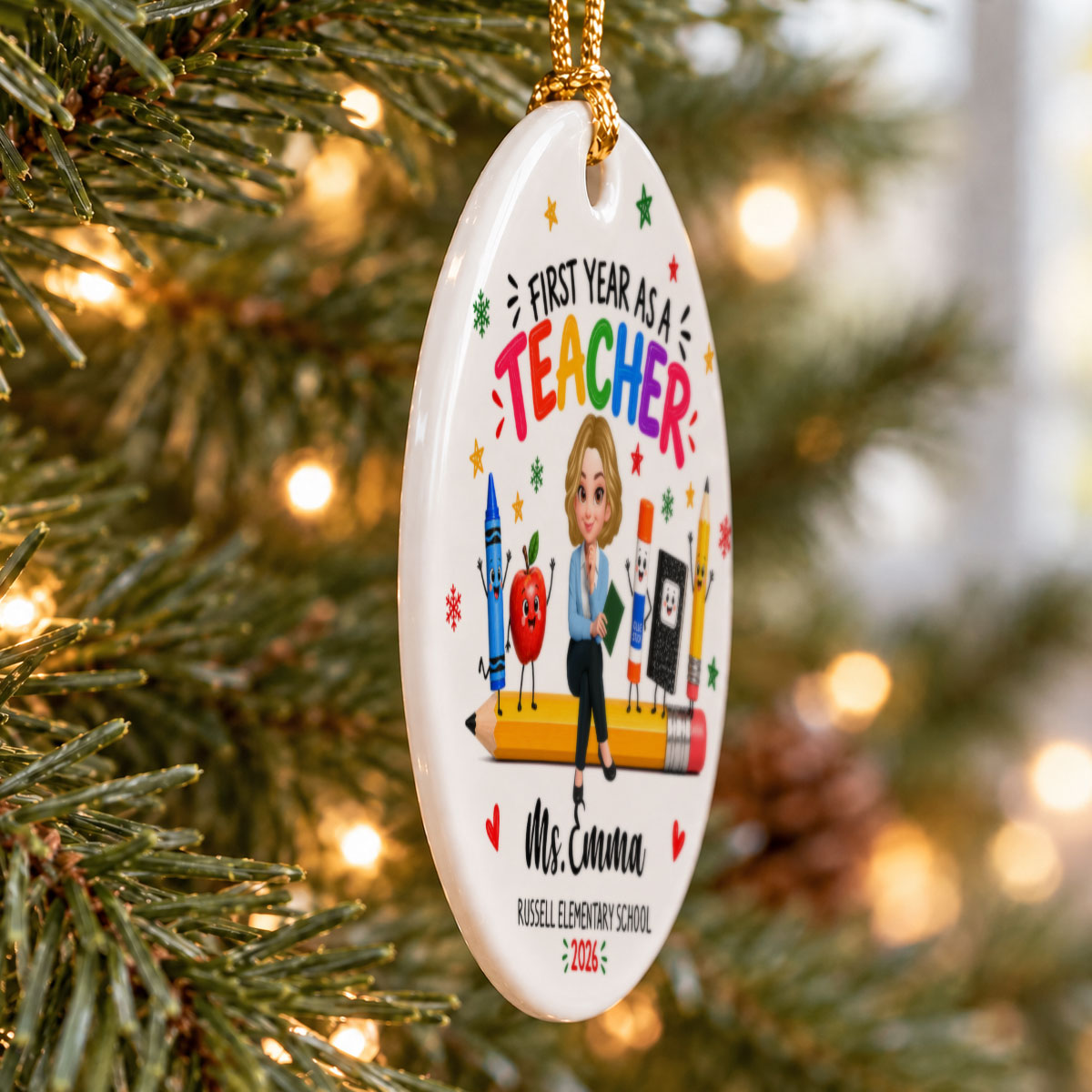 First Year Teaching - Personalized Ceramic Ornament - New Teacher Gift, Teaching Journey Keepsake For Teachers