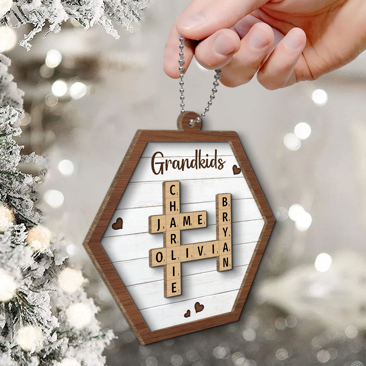 Grandkids Crossword Puzzle Art Personalized Hexagon Shaped 2-Layer Wooden Ornament, Christmas Gift For Grandma, Gift For Mom