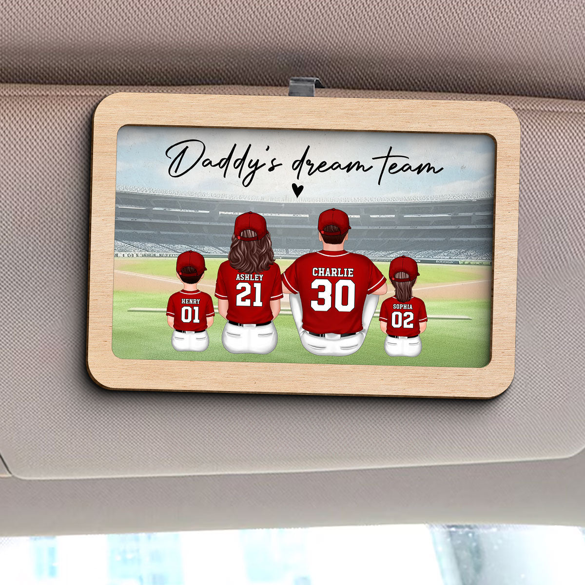 Daddy's Team Baseball Family Sitting Personalized Car Visor, Father's Day Gift For Dad, Grandpa, Husband