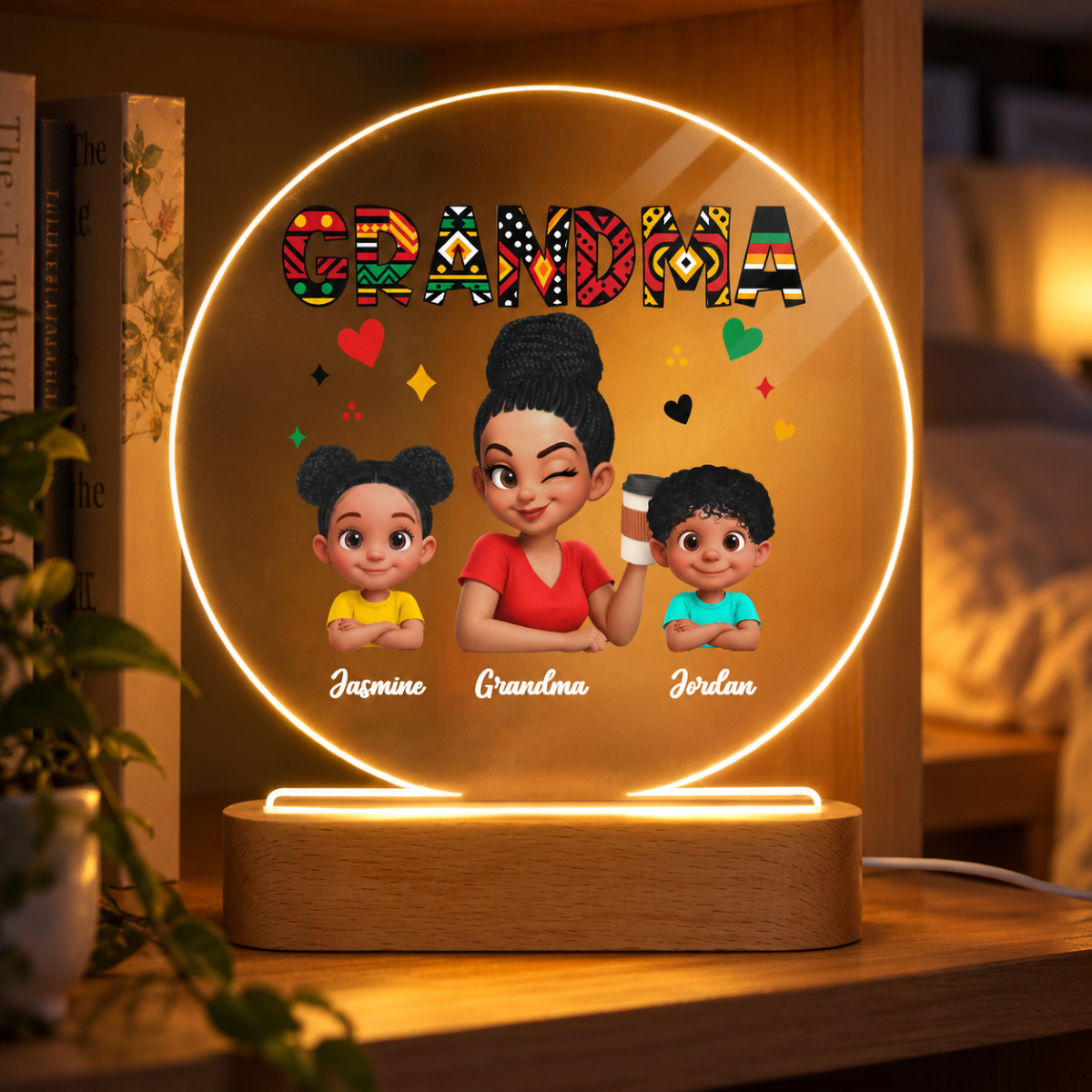 Tribal Pattern Grandma Grandkids Love - Personalized Circle Plaque LED Night Light - Gift For Grandma