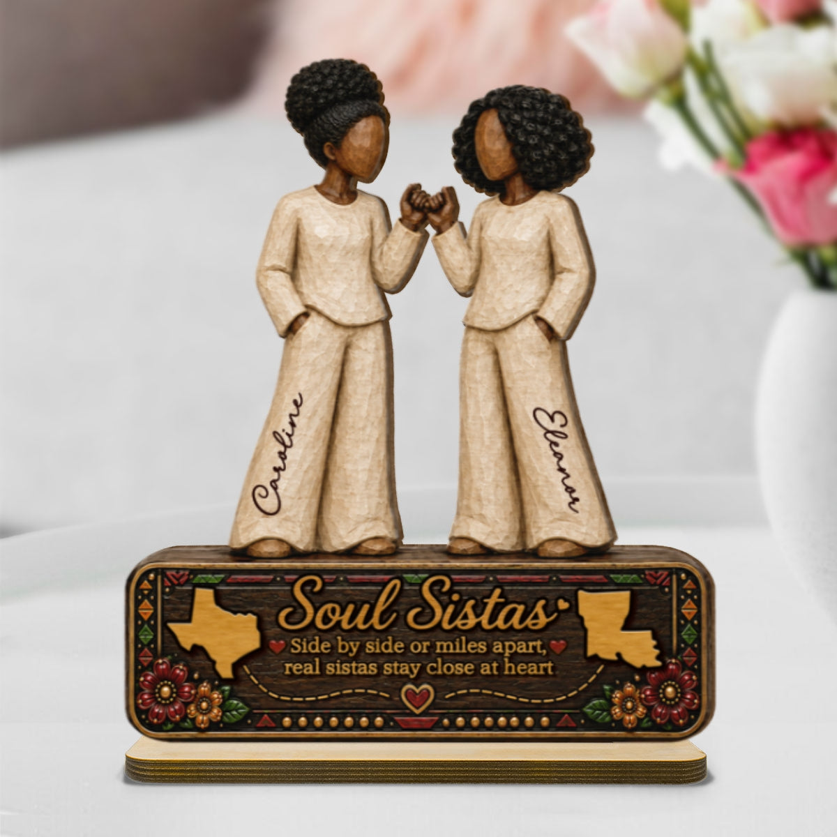 Long Distance Soul Sistas Pinky Promise 2D Flat - Personalized 2-Layered Wooden Plaque - Long Distance Friendship Keepsake