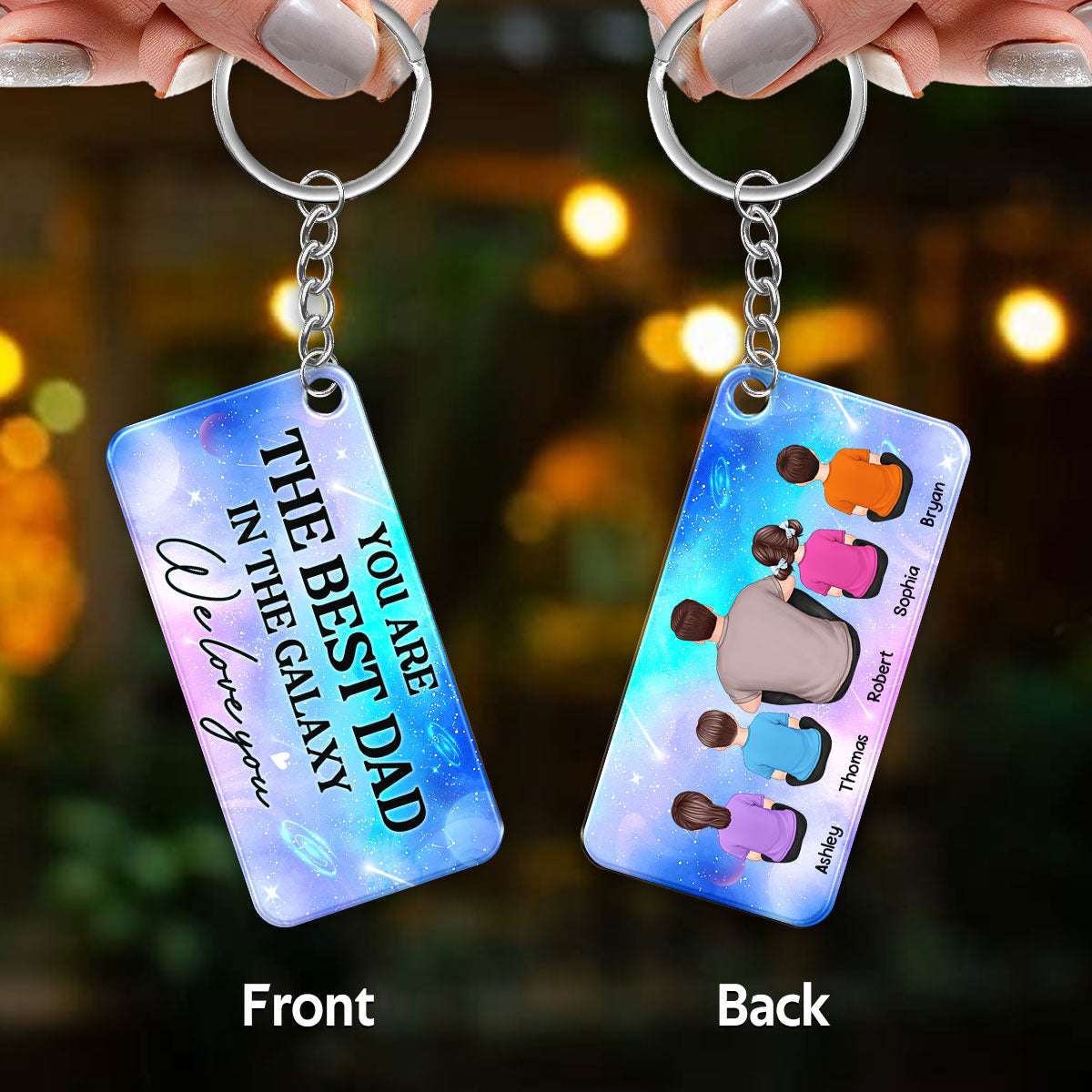 Best Dad In The Galaxy Back View Man Kids Dog Cat Father‘s Day Gift Personalized Wooden Keychain