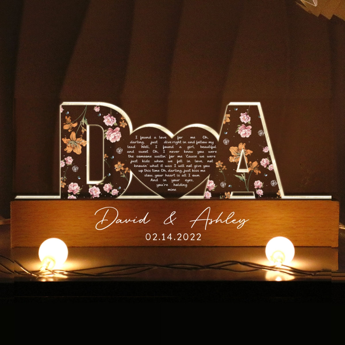 Vinyl Heart Shaped Lyrics Couple Song Custom Flower Printed LED Night Light,  Gift for her, Gift for him