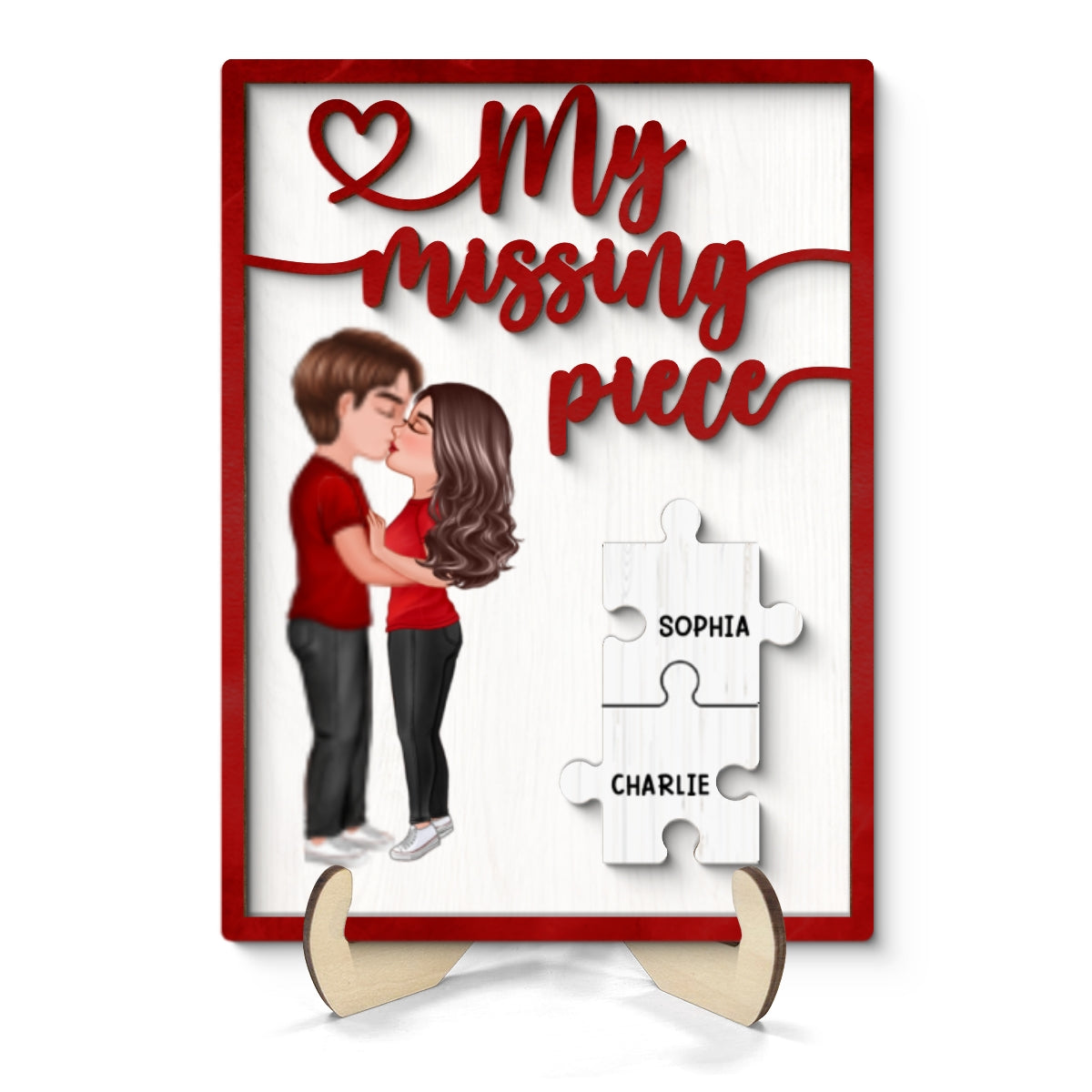 My Missing Piece Couple Kissing Red Themed Valentine‘s Day Gift For Her Gift For Him Personalized 2-Layer Wooden Plaque