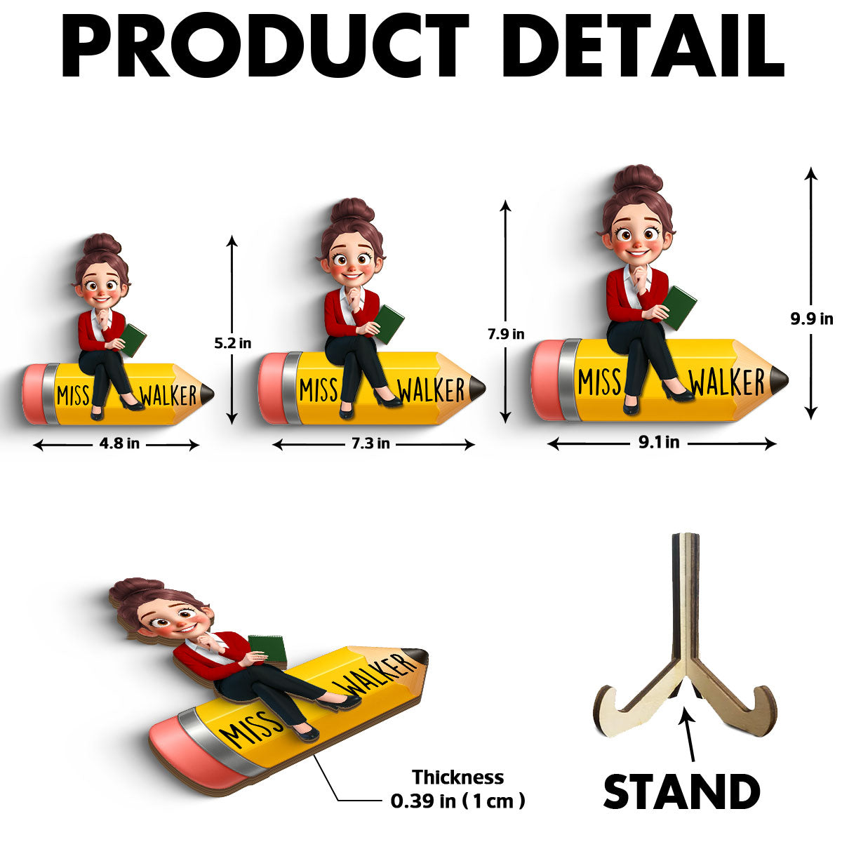 Cute Cartoon Teacher Sitting On Pencil Personalized 2-Layer Wooden Plaque, Gift For Teacher