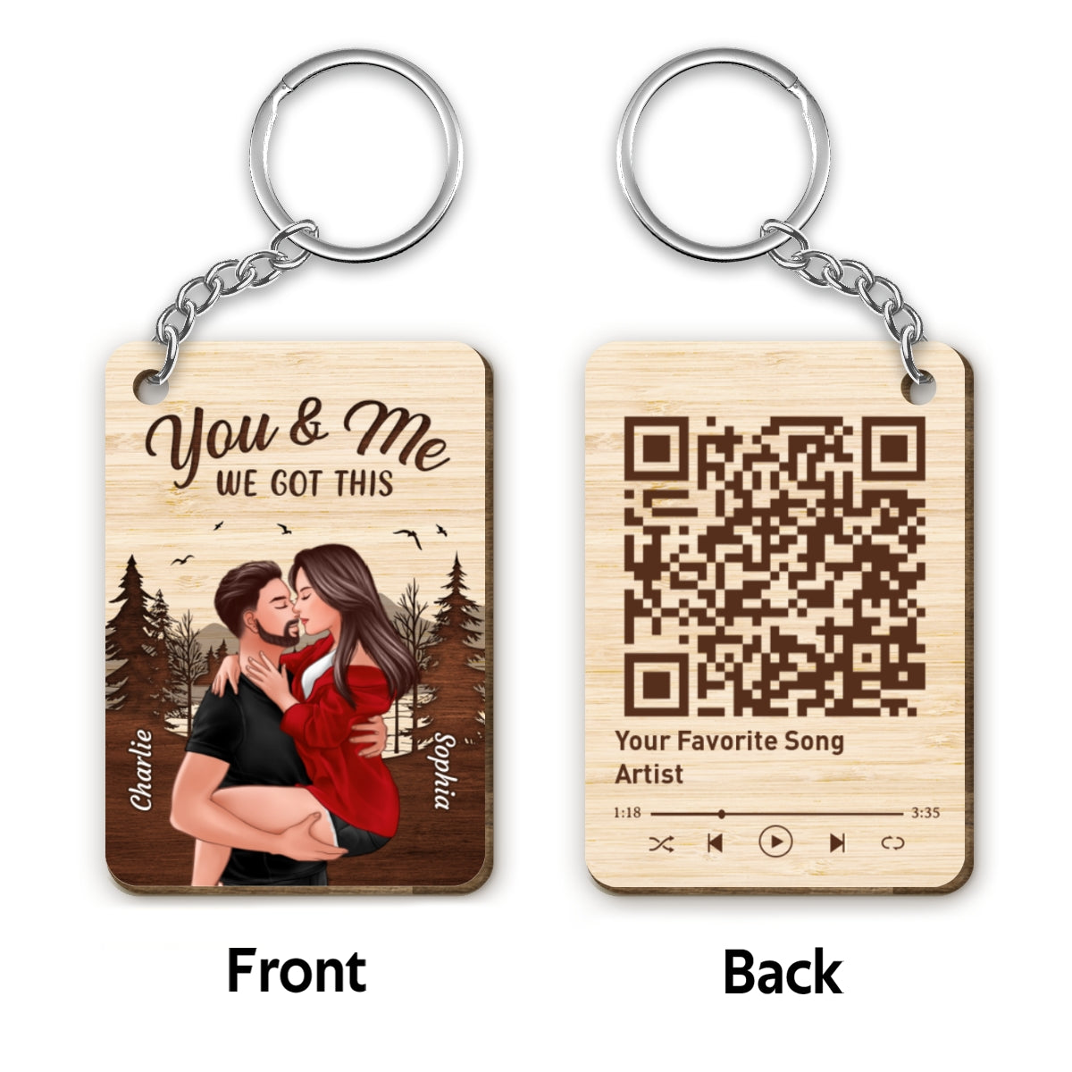 Together Since Man Holding Woman Kissing Favorite Song QR Code Personalized Wooden Keychain