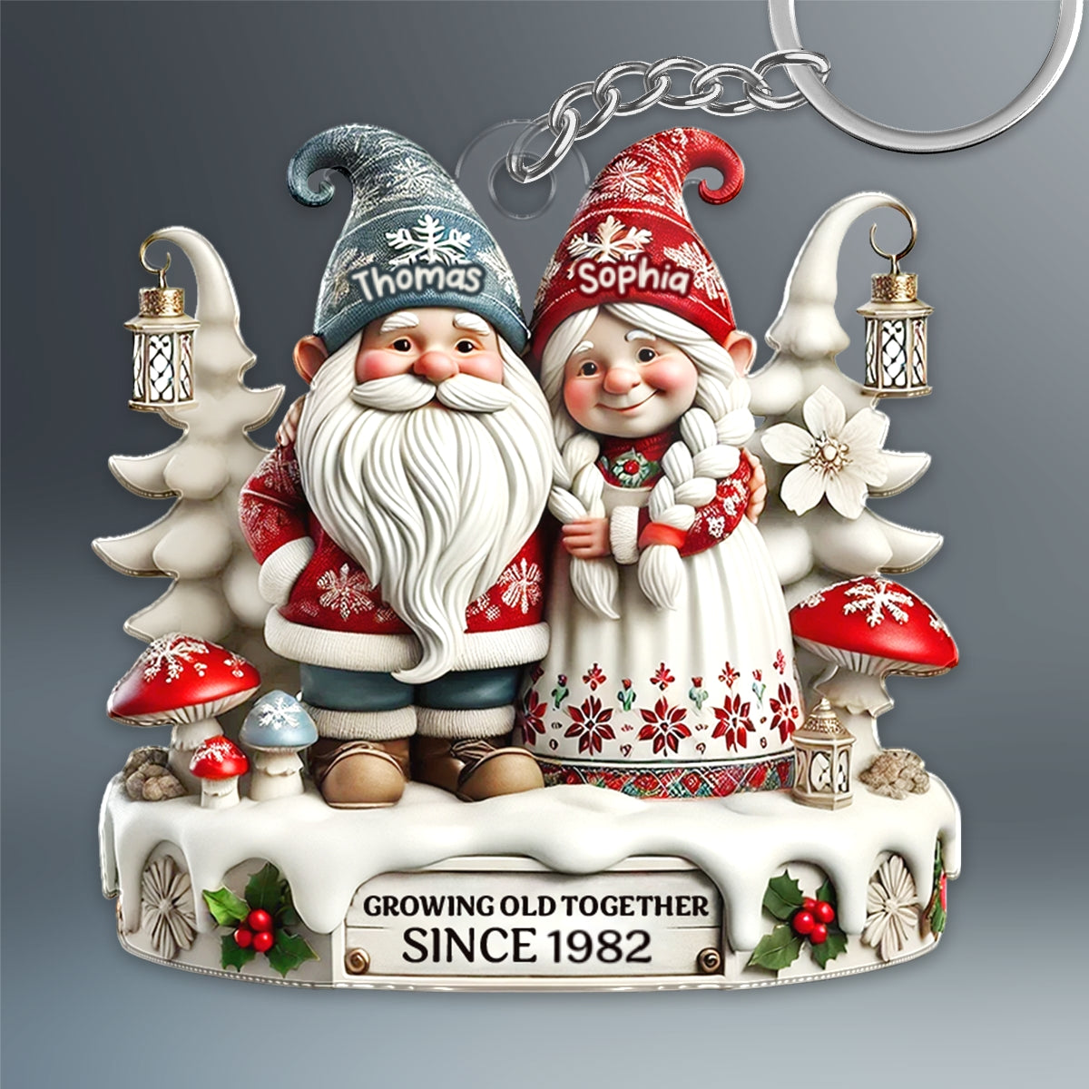 3D Effect Gnome Couple Together Personalized Acrylic Keychain, Gift For Him, For Her, Husband, Wife
