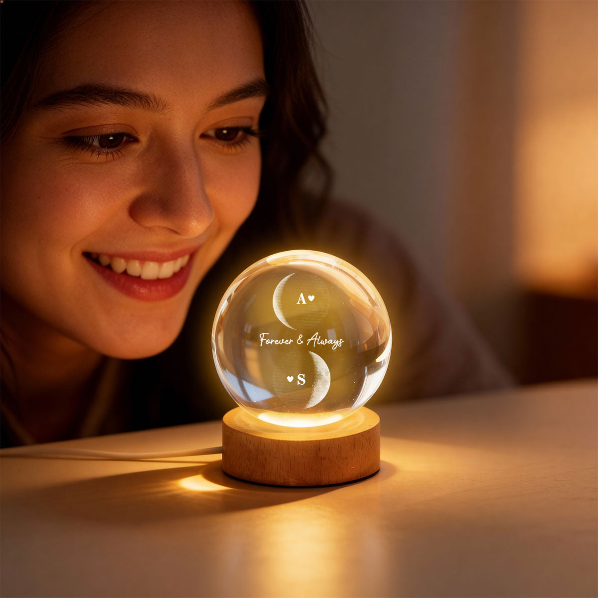Custom Couple Moon Phase - Personalized Crystal Ball LED Night Light - Valentine's Day Gift For Couple, For Her, For Him