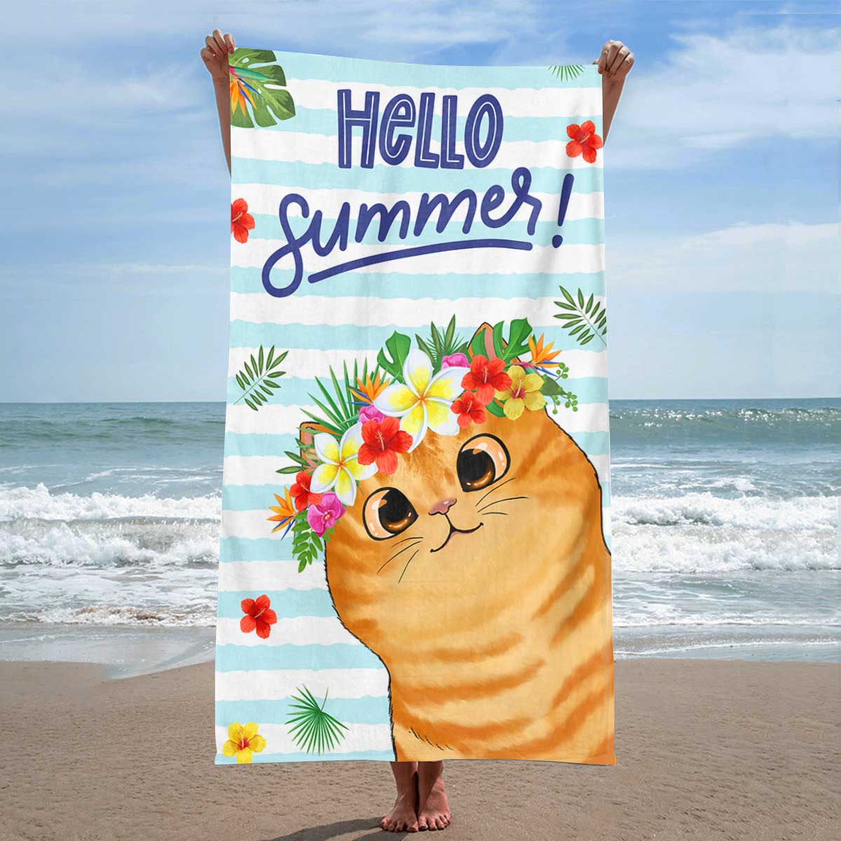 Cute Peeking Cat Summer Gift for Cat Lover Personalized Beach Towel