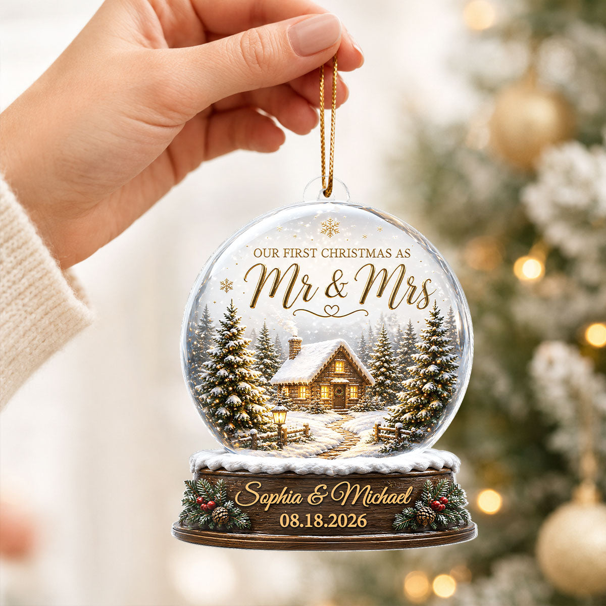First Christmas Married - Personalized Acrylic Ornament - Custom Mr and Mrs Keepsake, Winter Cabin Ornament, Newlywed Gift