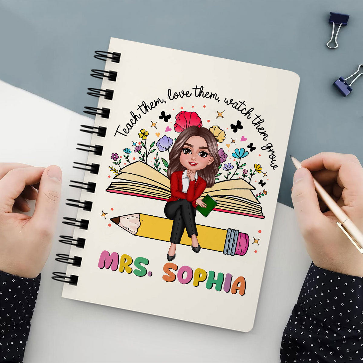 Teacher Teach Love Watch Them Grow Wildflowers Personalized Spiral Notebook Journal, Back To School Stationery