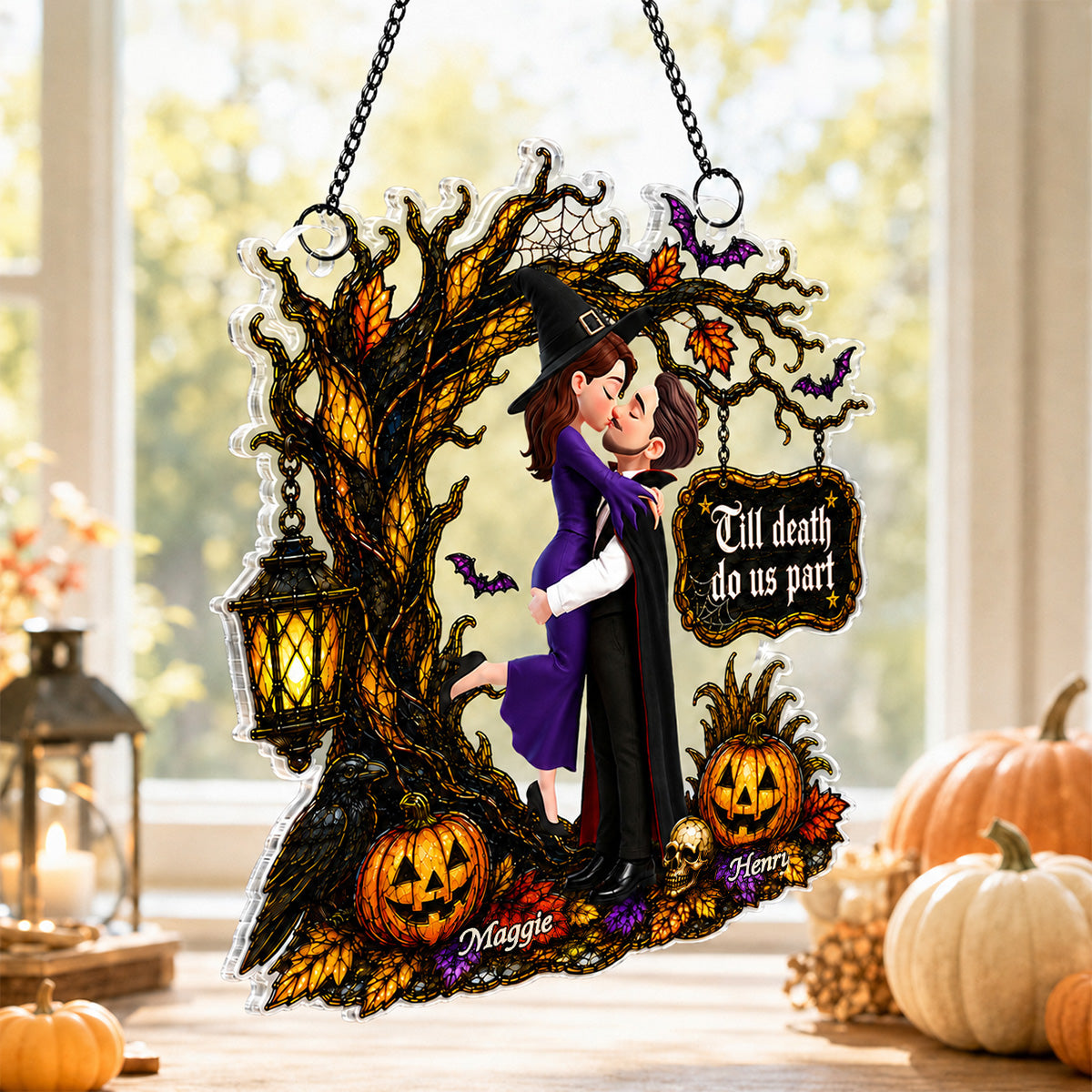 Couple Hugging Under Spooky Halloween Tree 2D Flat - Personalized Acrylic Window Hanger - Halloween Decor For Couple