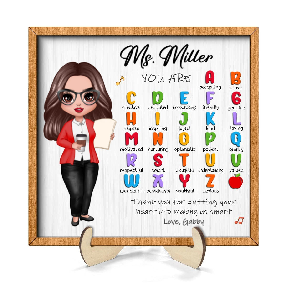 Teacher Appreciation Gift Thank You Alphabet Characteristics Doll Teacher Personalized 2-Layer Wooden Plaque