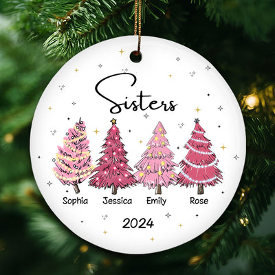 Sisters Besties Pink Christmas Tree Personalized Ceramic Ornament