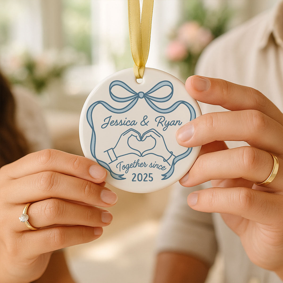 Couple Heart Hand Outline Christmas Personalized Ceramic Ornament