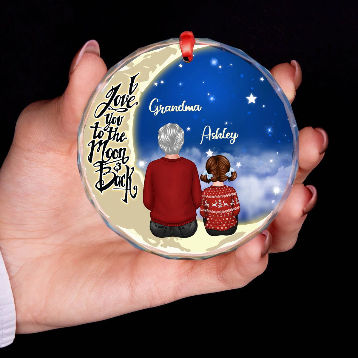 Grandma Grandkids On Moon Personalized Glass Ornament, Christmas Gift for Grandkids, Granddaughter Grandson, Gift for Grandma