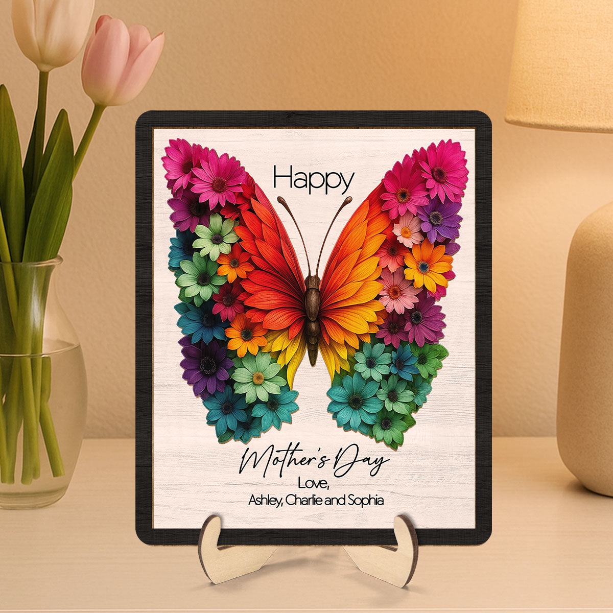 Mother's Day Butterfly Flowery Wings 2D Flat, Personalized 2-Layered Wooden Plaque, Gift for Mom, 3D Effect