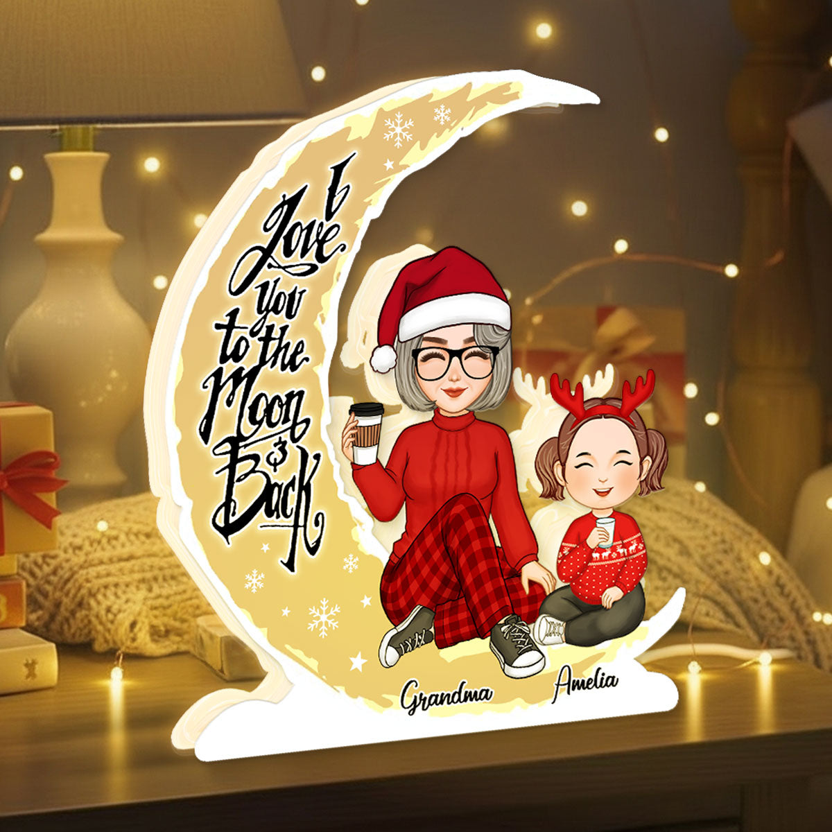 Cute Grandma & Grandkid On Yellow Moon Christmas Gift Personalized Light Box