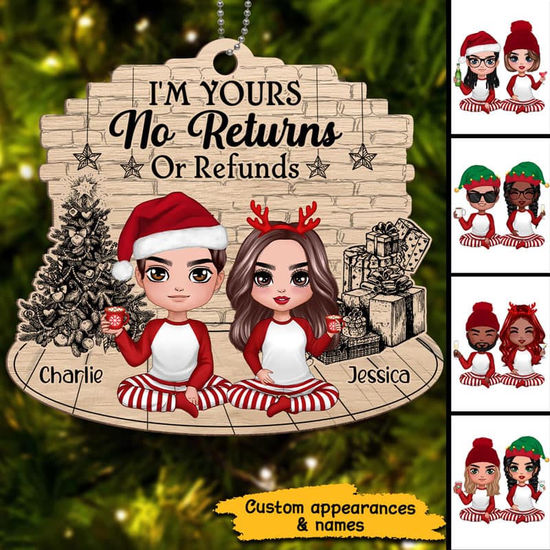 Christmas Sketch Background Pajamas Doll Couple Sitting Personalized Wooden Ornament