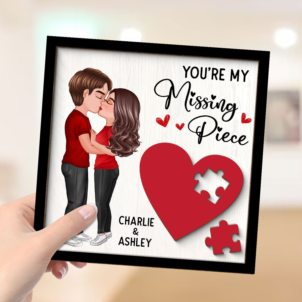 Couple Kissing Standing Red Heart Puzzle Personalized 2-layer Wooden Plaque, Valentine‘s Day Gift For Him, For Her