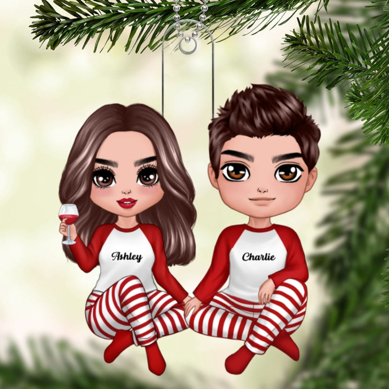 Pajamas Doll Couple Sitting Christmas Gift For Him For Her Personalized Acrylic Ornament