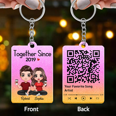 Doll Couple Sitting Together Glitter Effect Favorite Song Scannable QR Code Personalized Acrylic Keychain [Not Real Glitter]