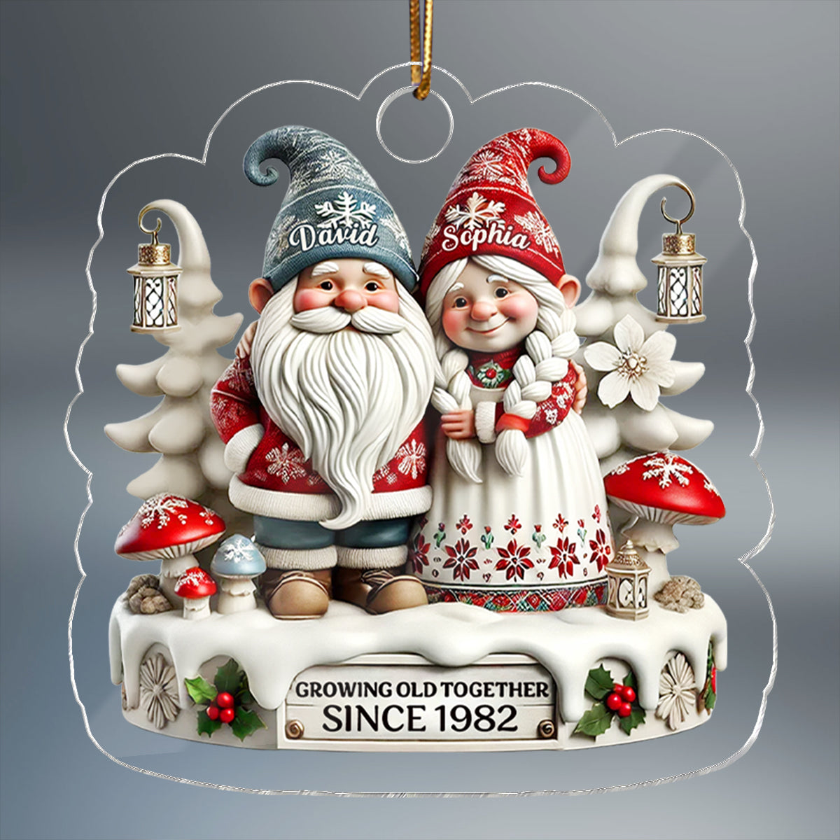 3D Effect Gnome Couple Together Christmas - Personalized Acrylic Ornament - Gift for Him, Gift for Her