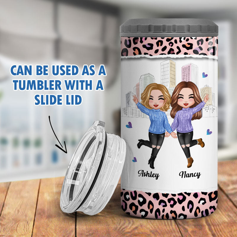 Pink Leopard Besties Sisters Personalized 4 In 1 Can Cooler