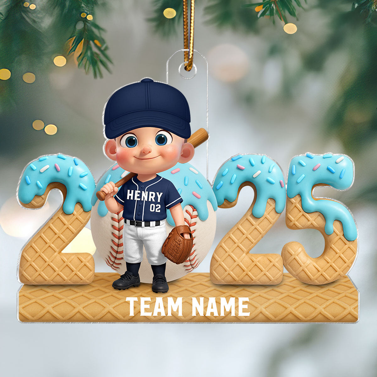3D Effect Ice Cream Drip Sprinkles Kid Girl Boy Baseball Player - Personalized Acrylic Ornament - Christmas Gift For Kids, Granddaughter, Grandson, Daughter, Son
